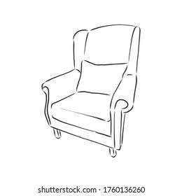Sketch chair in linear style, outline drawing in black on a white background. Upholstered furniture for sitting, relaxing. Silhouette. vector. upholstered chair, vector sketch illustration