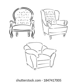 Sketch chair in linear style, outline drawing in black on a white background. Upholstered furniture for sitting, relaxing. soft chair vector sketch illustration