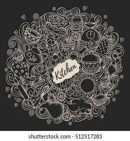 Sketch chalk board vector hand drawn Doodle cartoon set of objects and symbols on the kitchen theme