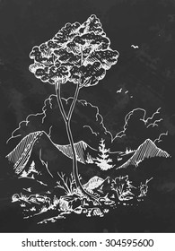 Sketch chalk draw tree in the mountains. Vector illustration