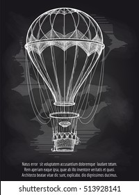 Sketch chalk hot air balloon on blackboard poster. Vector illustration