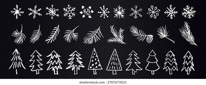 Sketch chalk of snowflakes, pine branches and trees. Set of white snowflakes and pine branches on transparent background. Crayon winter decoration elements drawn by chalk.
