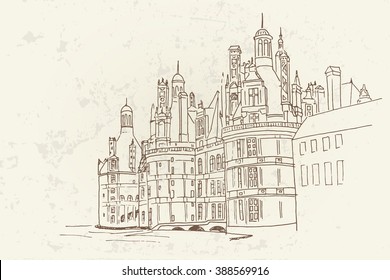 sketch of Chambord castle, France. Retro style.