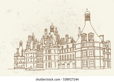 sketch of Chambord castle, France. Retro style.