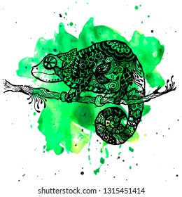 Sketch of chameleon on abstract hand drawn watercolor background. Vector illustration. Multicolored watercolor splash blot in bright color.