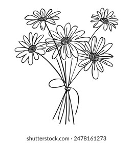 Sketch of chamomile bouquet. Black and white line art. Vintage flowers logo isolated on background.