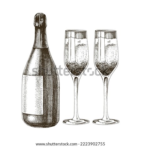 Sketch of a champagne bottle with glasses