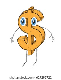 Sketch. Character Dollar Sign With Hands And Feet On A White Background