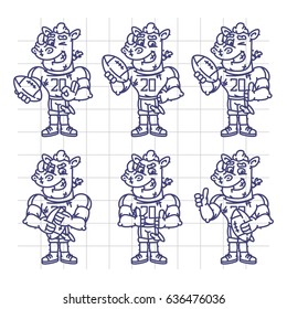 Sketch Character Set Rhino Football Player Holds Rectangular Ball. Vector Illustration. Mascot Character.