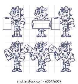 Sketch Character Set Rhino Football Player Holds Megaphone Ball Paper. Vector Illustration. Mascot Character.
