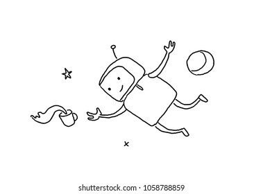 Sketch character weightlessness in outer space. The robot lost a cup of coffee zero gravity. 404 error not page. Hand drawn black line vector illustration.