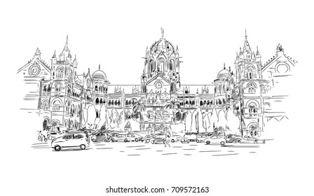 Sketch of Chatrapati shivaji terminus railway station, Mumbai in vector illustration.