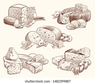 Sketch cheese. Art compositions with cheeses. Tasty brie, feta and parmesan slices gourmet appetizer. Doodle sketch vintage isolated vector mozzarella camembert bricks set