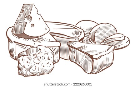 Sketch cheese. Art compositions with cheeses. Whole, half and slices different types, fresh farm milk products, delicious maasdam, gouda and parmesan, hand drawn food, vector illustration