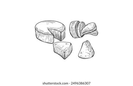 Sketch cheese. Art compositions with cheeses. Whole, half and slices different types, fresh farm milk products, delicious maasdam, gouda and parmesan, hand drawn food, vector illustration