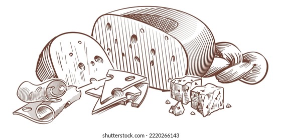 Sketch cheese. Art compositions with different cheeses, delicious maasdam, gouda and parmesan. Whole, half and slices, hand drawn fresh farm milk various products, vector food illustration