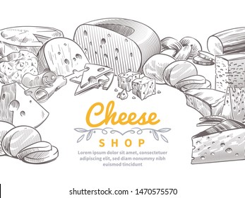 Sketch cheese background. Tasty cheeses brie, feta and parmesan slices gourmet snacks. Doodle sketch vintage vector italian kitchen design for restaurant concept