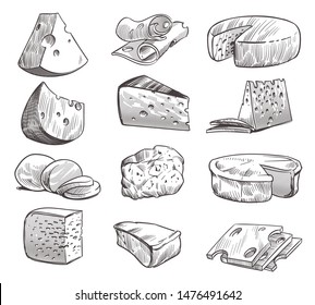 Sketch cheese. Various types of cheeses. Fresh cheddar, feta and parmesan dairy snack. Hand drawn retro vector isolated tasty cuisine product set