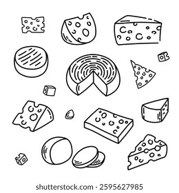 Sketch cheese. Various types of cheeses. Cheese set vector illustration hand drawn doodles