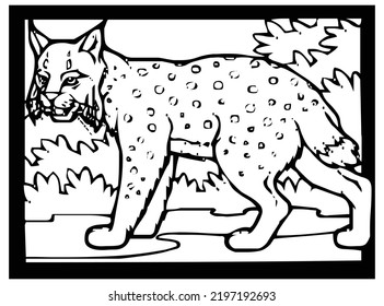 Sketch of a cheetah on a black and white background in a frame for comics or coloring.