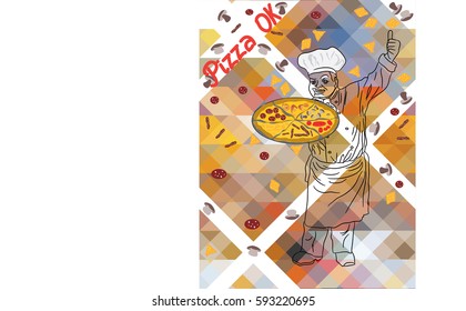 sketch of chef with pizza in his hands on an abstract background with an inscription from the hand
