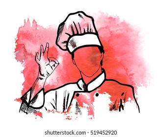 Sketch of chef wearing traditional toques in cartoon style.