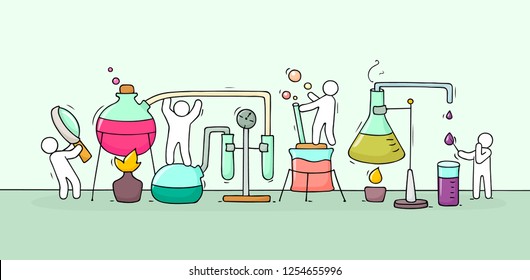 Sketch of chemical experiment with working little people, beaker. Doodle cute miniature of teamwork and materials research. Hand drawn cartoon vector illustration for biology and chemistry.