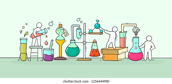 Sketch of chemical experiment with working little people, beaker. Doodle cute miniature of teamwork and materials research. Hand drawn cartoon vector illustration for biology and chemistry.