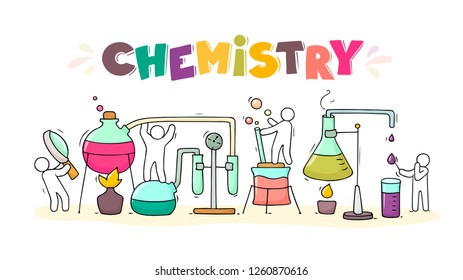 Sketch of chemical experiment with working little people, beaker. Doodle cute miniature of teamwork and materials research. Hand drawn cartoon vector illustration for biology and chemistry.