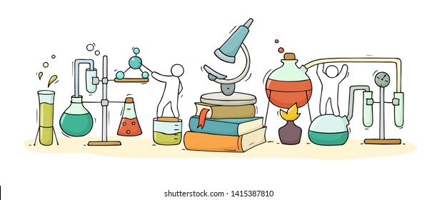 Sketch of chemical experiment with working little people, beaker. Doodle cute miniature of teamwork and materials research. Hand drawn cartoon vector illustration for biology and chemistry.