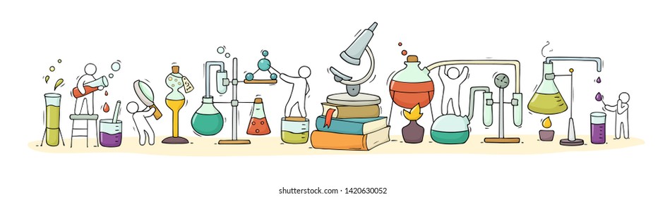 Sketch of chemical experiment with working little people, beaker. Doodle cute miniature of teamwork and materials research. Hand drawn cartoon vector illustration for biology and chemistry.