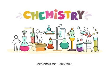 Sketch of chemical experiment with working little people, beaker. Doodle cute miniature of teamwork and materials research. Hand drawn cartoon vector illustration for biology and chemistry.