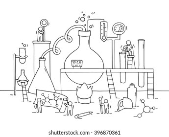 Sketch of chemical experiment with working little people, beaker. Doodle cute miniature of teamwork and materials research. Hand drawn cartoon vector illustration for biology and chemistry.