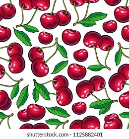 Sketch cherry berries seamless pattern background. Hand drawn ripe sweet food objects for summer textile fabric decoration design. Vector wallpaper illustration.