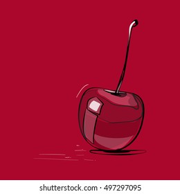 Sketch cherry on a red background. Black strokes, vector