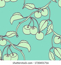 Sketch cherry.Cherry  seamless pattern.Image on a white and color background.