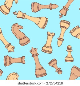 Sketch chess in vintage style, vector seamless pattern