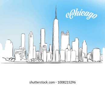 Sketch of Chicago, Illinois, USA. Hand drawn vector illustration with modern Headline. Use for greeting card and travel marketing.