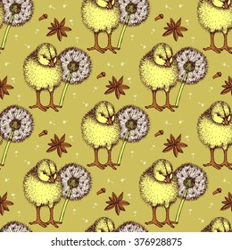 Esbozar el patrón de pollo y diente de león en estilo vintage, vectorial
