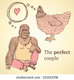 Sketch chicken and gorilla in vintage style, vector