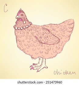 Sketch chicken hipster in vintage style, vector