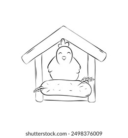 Sketch chicken sitting in nest. Simple vector illustration in doodle style.
