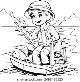 boceto de un niño pescando en un río, montando una canoa, y atrapar con éxito 1 pez, arte de la línea negra, fondo blanco