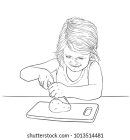 Sketch of child girl very hard pushing on knife when cutting potato on chopping board, Hand drawn vector linear illustration