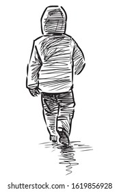 Sketch of child in jacket with hood walking down the street