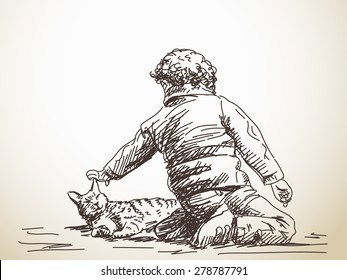 Sketch of child playing with cat, Hand drawn illustration