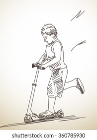 Sketch of child riding kick scooter, Hand drawn illustration