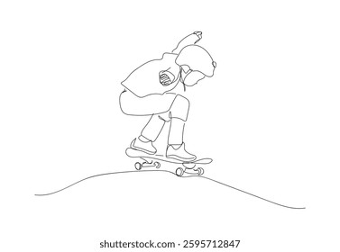 Sketch of child skateboarder  riding on skateboard in full protection and helmet in skate park, Hand drawn line art vector illustration isolated on white background. Hand made vector not Al