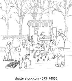 Sketch of children in line for cotton candy