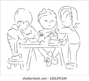 Sketch. Children make crafts out of paper. Best time with the friends. Vector illustration.